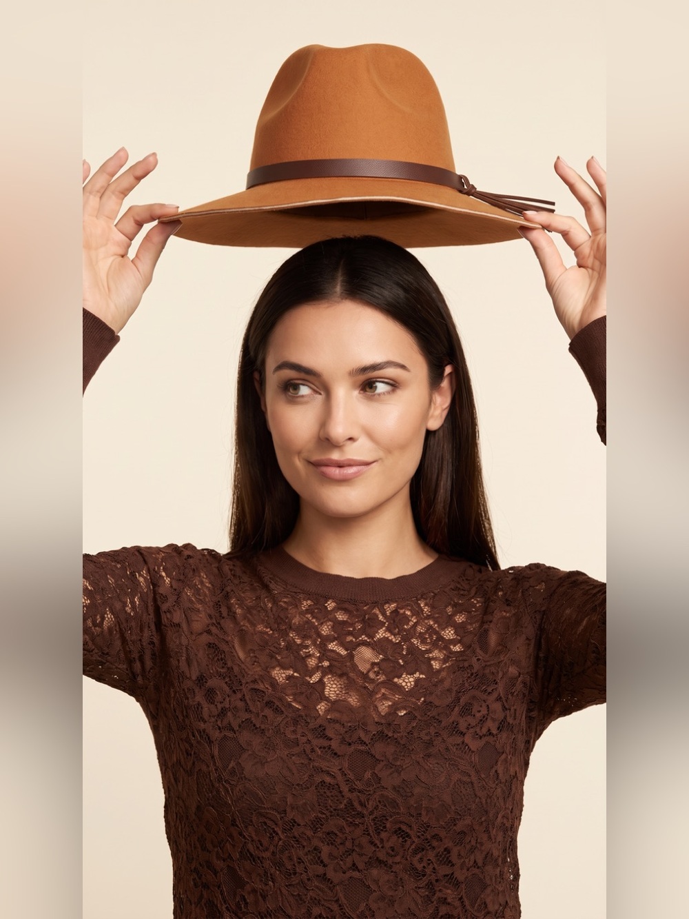 Wide Brim Felt Fedora Hat in Cognac with Leather Band